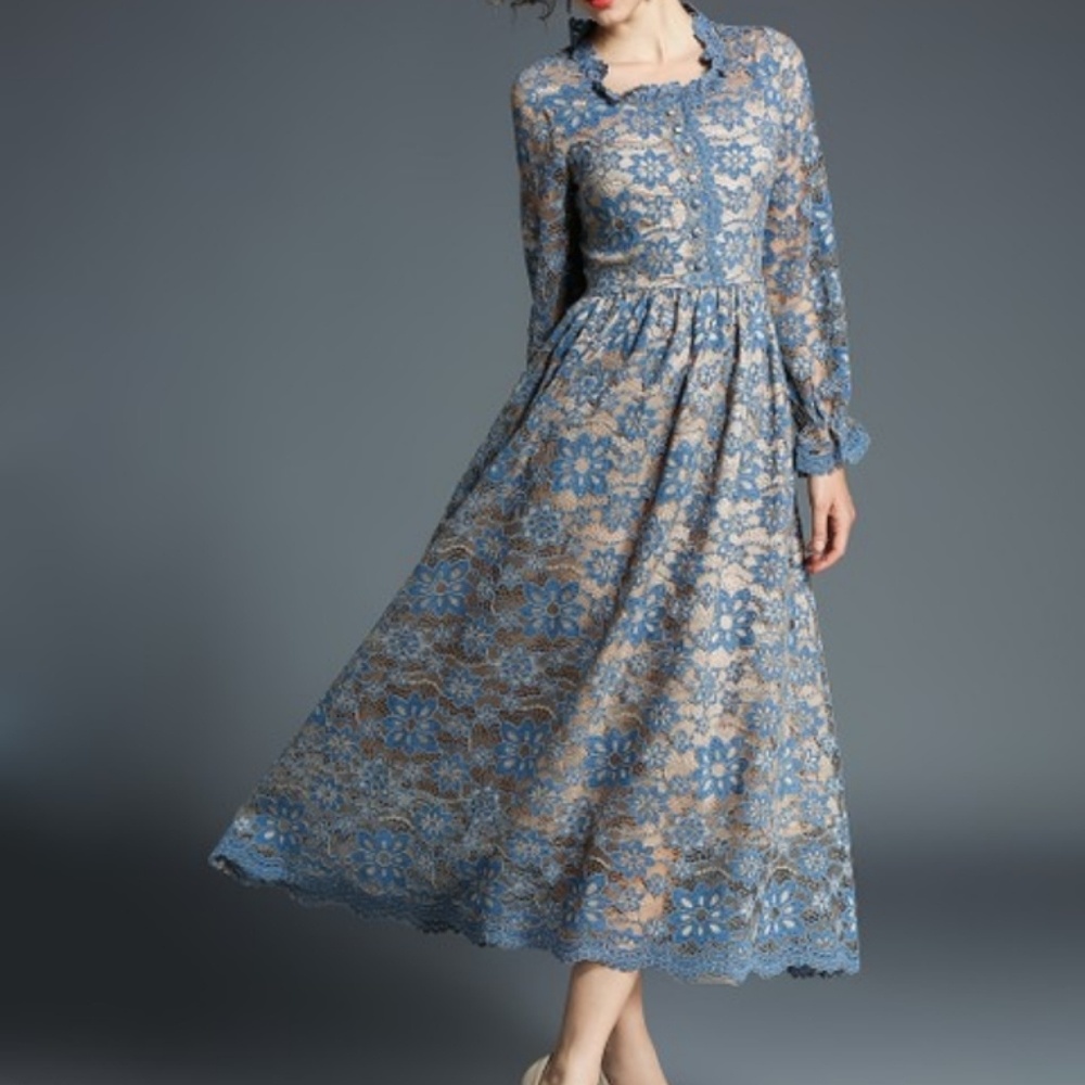 Blue floral-lace button-front midi dress